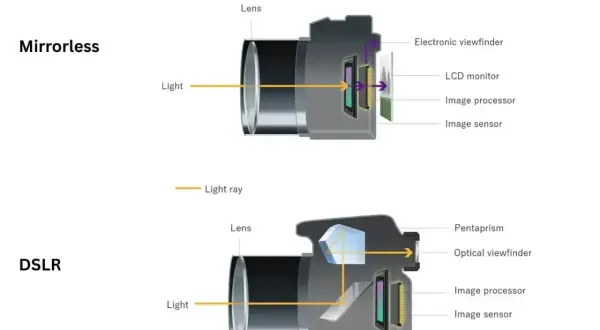 Schemat korpusu aparatu fotograficznego typu bezlusterkowego i lustrzanki, pokazujący drogę światła i dane cyfrowe.