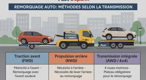 Illustration montrant les méthodes de remorquage selon la transmission : traction avant, propulsion arrière ou intégrale. Le remorquage dépend de la propulsion ou traction du véhicule.