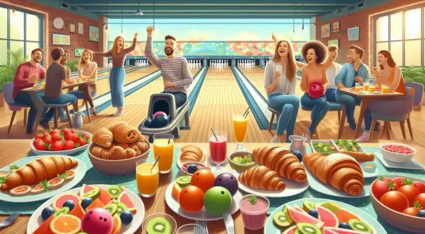 Freunde feiern beim Bowling in Gummersbach mit Obst und Gebäck.