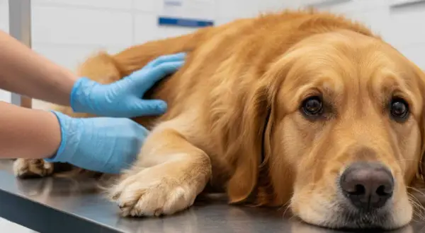 Ein Golden Retriever liegt auf einem Untersuchungstisch, während ein Tierarzt mit blauen Handschuhen ihn streichelt. Der Hund wirkt müde, vielleicht wegen IBD.
