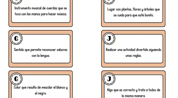 Tarjetas con preguntas divertidas tipo Pasapalabra para niños: instrumento musical, lugar bonito, sentido del gusto, actividad con reglas, color gris y trato justo.