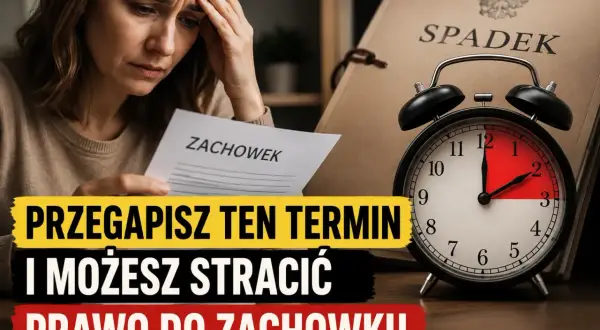 Zmartwiona kobieta trzyma dokument "Zachowek". Obok budzik i akta "Spadek". Uważaj na przedawnienie, by nie stracić prawa do zachowku.