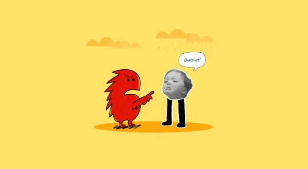 Röd figur pekar anklagande på ett barnansikte med ben. Barnet säger "Orättvist!". En illustration av destruktivt ledarskap.