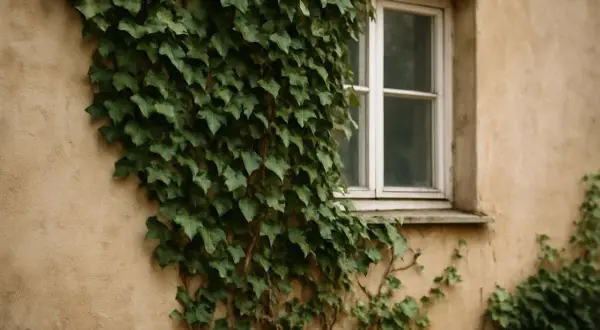 Gęsty bluszcz porasta beżową ścianę obok okna. Zastanawiasz się, jak usunąć bluszcz ze ściany?