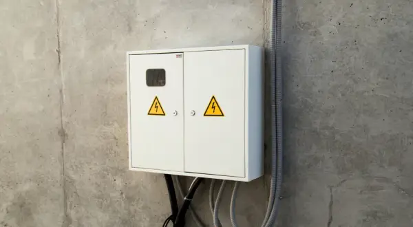 Biała skrzynka elektryczna z żółtymi symbolami ostrzegawczymi na betonowej ścianie. Zastanawiasz się, ile się czeka na podłączenie prądu do mieszkania?
