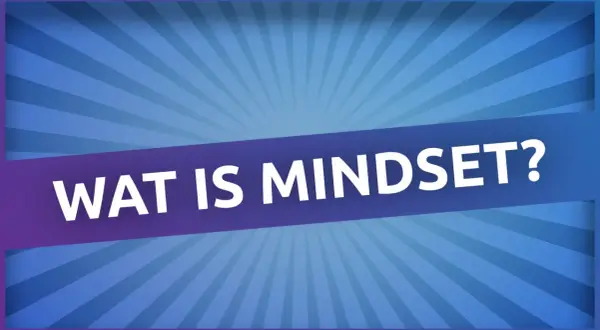 Een ander woord voor mindset is instelling. De tekst "WAT IS MINDSET?" staat op een paarse band tegen een blauwe achtergrond met stralen.