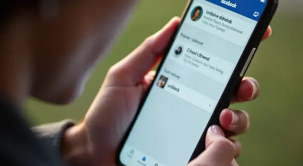 Osoba na telefonie przegląda listę znajomych na Facebooku, szukając opcji "unblock", czyli jak odblokować kogoś na FB.