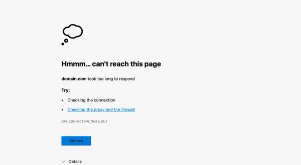 Strona domain.com nie odpowiada, wystąpił błąd ERR_CONNECTION_TIMED_OUT. Sprawdź połączenie.
