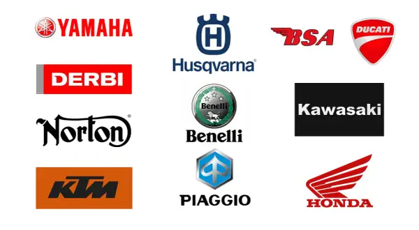 Logos de marcas de motos: Yamaha, Derbi, Norton, KTM, Husqvarna, Benelli, Piaggio, BSA, Ducati, Kawasaki y Honda.