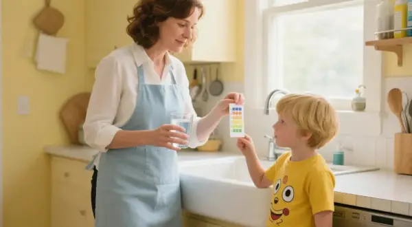 Une mère et son fils testent la qualité de l'eau du robinet dans leur cuisine. Le test indique un débit d'eau normal dans la maison.