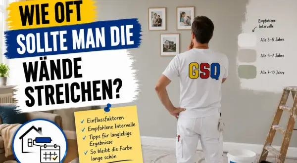 Mann überlegt, wie oft man eine Wand streichen sollte. Empfehlungen reichen von 3-5 bis 7-10 Jahren.
