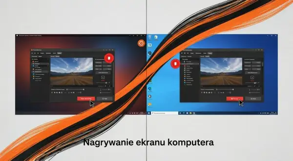 Dwa okna programu pokazują, jak nagrywać ekran na komputerze. Widoczne są przyciski nagrywania i opcje ustawień.