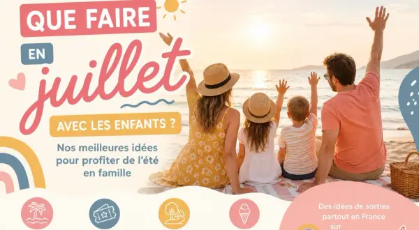 Famille sur la plage, idées pour partir en famille en juillet. Plages, festivals, nature, loisirs.