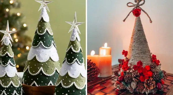 Coni natalizi fai da te: alberelli in feltro verde e bianco con stelle luminose e un cono decorato con spago, pigne e bacche rosse, accanto a candele accese.