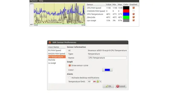 Monitor de temperatura de CPU en Psensor. Se muestra la gráfica de la temperatura y se editan las preferencias del sensor para ver la temperatura de la CPU.