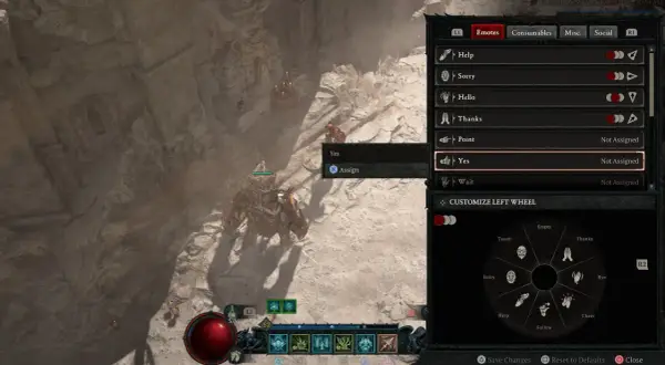 Wybieranie emotek "Tak" i "Nie" w menu gry Diablo 4, w zgodzie z tradycjami.