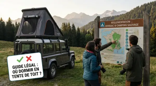 Un 4x4 avec tente de toit prêt pour un bivouac. Un couple consulte un panneau de réglementation pour le camping sauvage.
