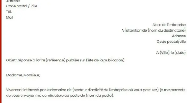 Modèle de lettre de motivation avec champs à remplir pour une candidature spontanée ou en réponse à une offre.