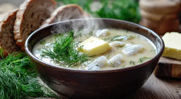Gorąca zupa śledziowa z mleczem, ozdobiona masłem i koperkiem, paruje na drewnianym stole. Obok kromki chleba.