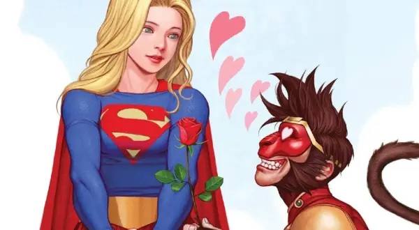 Supergirl z różą, a obok niej małpolud z serduszkami w oczach. Romantyczni chłopcy i spokój w powietrzu.
