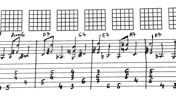 Zapis nutowy z diagramami akordów gitarowych i tabulaturą, prezentujący progresję akordów jazzowych z elementami basso continuo.