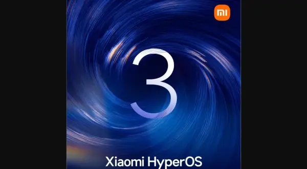 Xiaomi HyperOS: cyfra 3 na tle wirujących niebieskich linii.