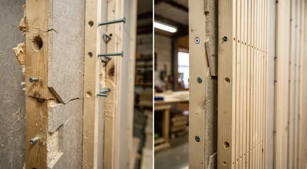Détail de la fabrication d'une pancarte en bois : assemblage de planches de bois avec des vis, montrant la texture brute et les imperfections.