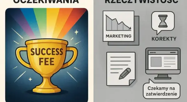 Oczekiwania: złoty puchar z napisem "SUCCESS FEE" i tęczą. Rzeczywistość: wykresy, korekty, dokumenty i czekanie na zatwierdzenie.