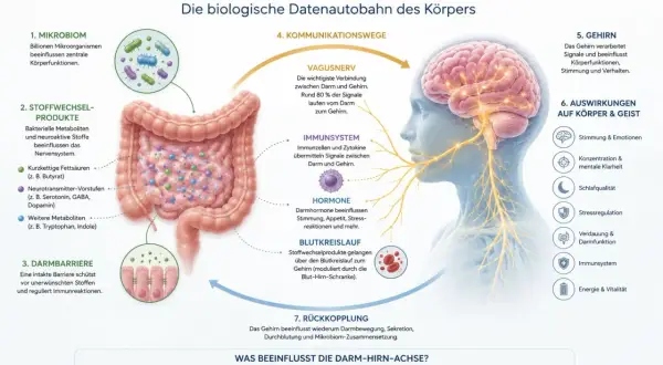 Die Darm-Hirn-Achse: Ein komplexes Netzwerk, das Gehirn, Darm und Mikrobiom verbindet. Stoffwechselprodukte, Hormone und Nervensignale beeinflussen Stimmung und Gesundheit.