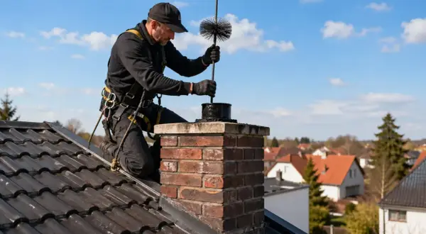 Kominiarz w uprzęży wykonuje czyszczenie komina ceramicznego na dachu.