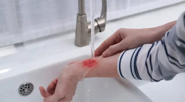 Oparzenie palca pod bieżącą wodą. Chłodzenie to pierwszy krok, co na oparzenie palca.