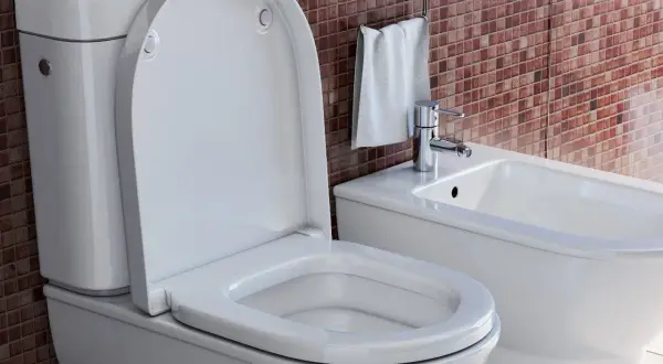 Nowoczesna łazienka z białym WC i bidetem. Zastanawiasz się, jak dobrac deske WC? Oto inspiracja.