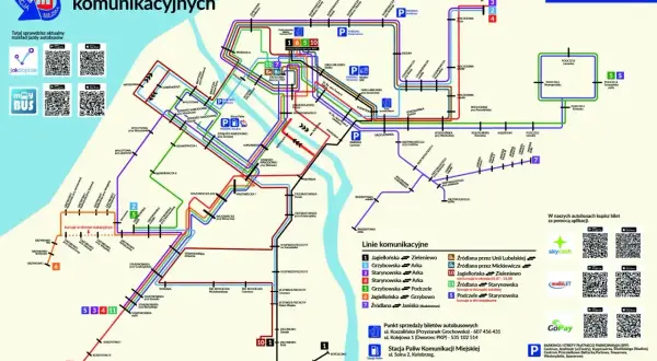 Schemat linii komunikacyjnych Kołobrzegu z zaznaczonymi trasami autobusów i przystankami.