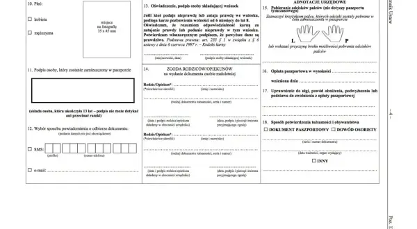 Formularz wniosku o paszport, z polami do wypełnienia danych osobowych, zgody rodziców, opłat i potwierdzenia tożsamości. Wniosek ten może być częścią procedury ubiegania się o mieszkanie komunalne.