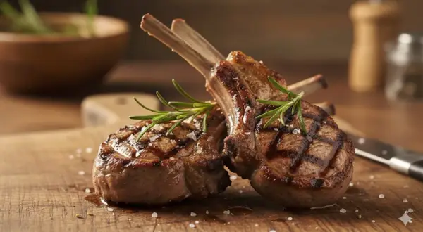 Costine allo spiedo succulente e grigliate, guarnite con rosmarino fresco e sale grosso su un tagliere di legno.