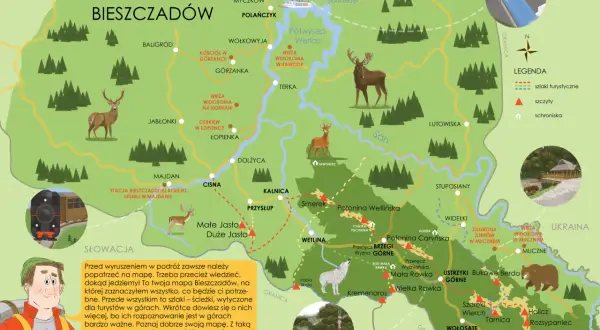 Mapa Bieszczadów z zaznaczonymi szlakami, schroniskami, szczytami i atrakcjami. Znajdziesz tu m.in. Solinę, Wetlinę, Ustrzyki Górne.