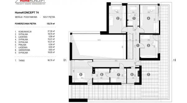 Rzut piętra domu HomeKONCEPT 74. Powierzchnia zabudowy a powierzchnia użytkowa są kluczowe dla planowania.