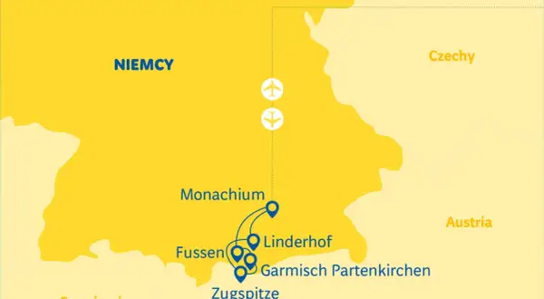 Mapa pokazuje trasę podróży po Niemczech, zaczynając od Monachium, a następnie odwiedzając Füssen, Linderhof, Garmisch-Partenkirchen i Zugspitze.
