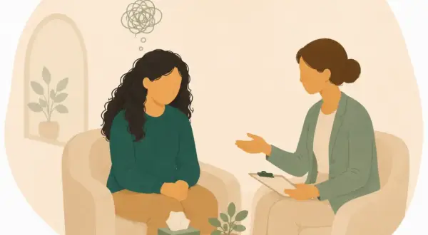 En person med en tankesnurr över huvudet sitter hos en terapeut. Kanske en mild autism symptom som uttrycks.