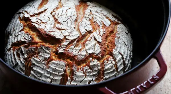 Frisch gebackenes Dinkel Mischbrot mit knuspriger Kruste und weißer Mehlschicht in einem roten Gusseisentopf.