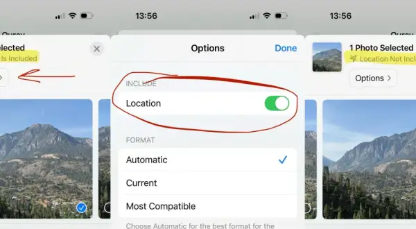 iPhone photo options screen showing how to remove photo metadata, specifically location data, from a selected image.