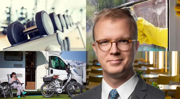En man med glasögon, gymutrustning, en husbil med cykel och en person som putsar ett fönster. Olika typer av konkurrerande verksamhet.