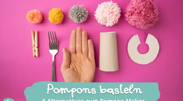 Bunte Pompons basteln: Gabel, Wäscheklammer, Hand, Papprolle und Kartonring als Alternativen zum Pompon Maker.