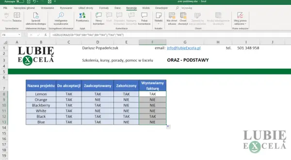 Tabela w Excelu z nazwami projektów, statusem akceptacji i zakończenia, oraz kolumną "Wystawiamy fakturę".