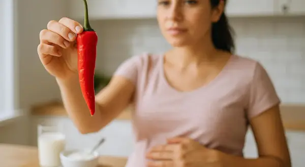 Donna incinta tiene un peperoncino rosso, con latte e yogurt sullo sfondo.