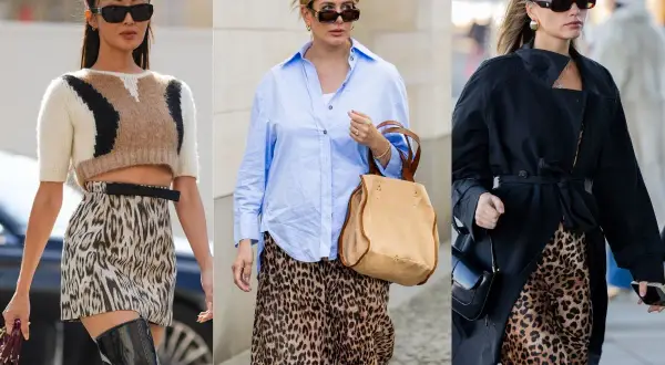 Trzy kobiety prezentują modne stylizacje ze spódnicą w panterkę. Krótka, wzorzysta spódniczka mini, luźne spodnie i długa spódnica maxi – każda z nich wygląda inaczej.