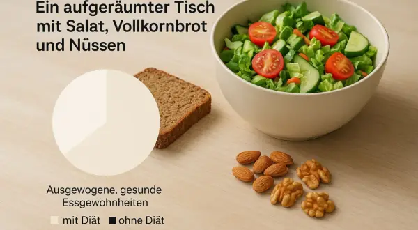 Salat, Vollkornbrot und Nüsse – eine Mahlzeit mit guten Kalorien für ausgewogene Essgewohnheiten.