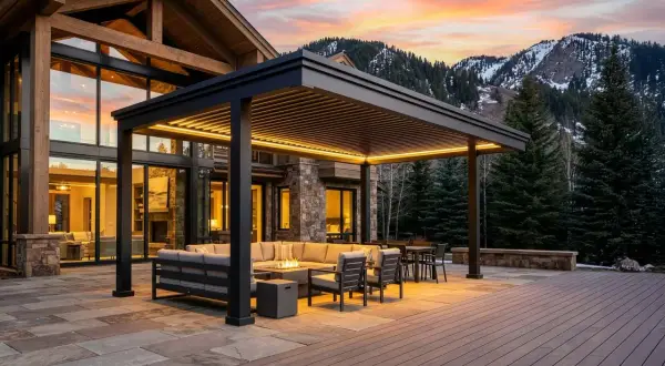 Modern pergola with integrated lighting over a deck, featuring outdoor seating and a fire pit. This image showcases how to build a pergola on a deck for ultimate outdoor living.