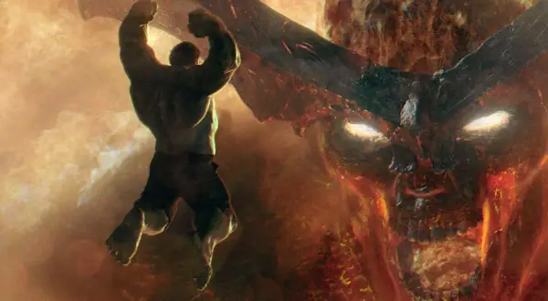 Hulk walczy z potężnym, płonącym demonem w jednej ze scen z filmów Chrisa Hemswortha.