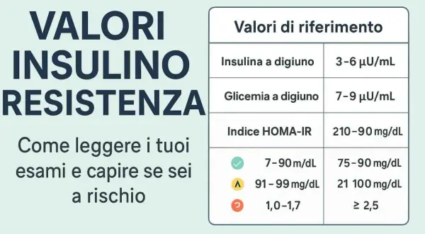 Valori di riferimento per insulina, glicemia e indice HOMA-IR, utili per interpretare la curva glicemica e valutare il rischio di insulino-resistenza.